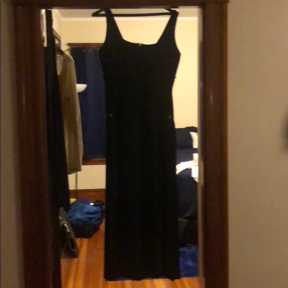 Black dress w/ patten leather stripes & gold pins